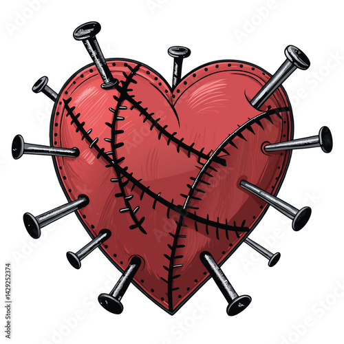 A macabre artwork depicting a heart pierced by numerous nails, framed within stitched flesh, evoking a feeling of cursed, dark fantasy.