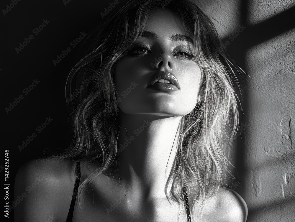 Portrait of a woman with flowing hair, illuminated by soft shadows in a dramatic setting