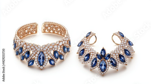 Vintage-inspired gold jewelry set with marquise diamonds and radiant sapphires on earrings, necklace, and matching ring, isolate on white background