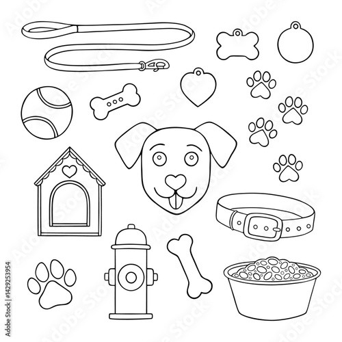 Puppy Dog Hand Drawn Vector Including Dog, Leash, Paw Print, Collar, Ball, Bone, Cookie, Bowl, Tag, Hydrant, Dog House