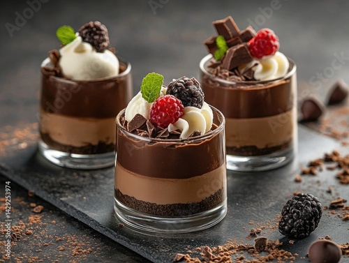 Elegant chocolate dessert art featuring layered treats with berries and cream on a slate platter