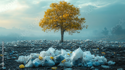 A barren dying tree tangled with plastic bags stands in a desolate landscape, symbolizing environmental neglect, human impact, and the suffocating consequences of pollution.

