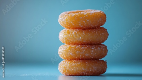 Stack of Four Delicious Sugar Donuts on a Turquoise Background