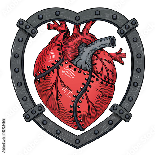 A giant, cyclopean heart, intricately stitched with medieval-style scars visible inside its muscular chambers.  Render in dark, detailed style.