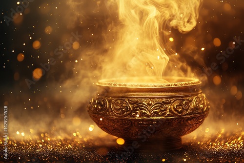 Golden bowl emitting mystical steam and sparks.