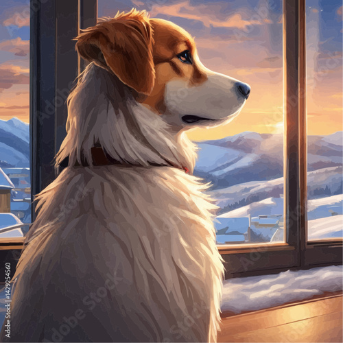 Dog admiring the sunset view in a cozy winter setting  