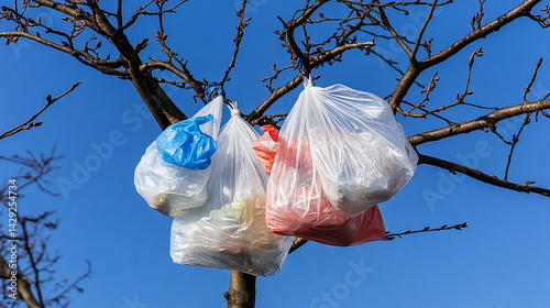 A barren dying tree tangled with plastic bags stands in a desolate landscape, symbolizing environmental neglect, human impact, and the suffocating consequences of pollution.

