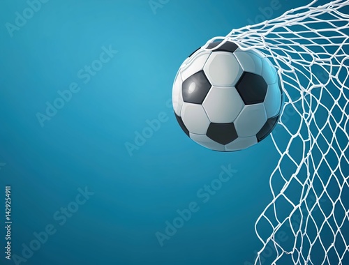 A soccer ball flies into the goal, a vector illustration on a blue background. The digital art style features a 3D effect, and the soccer net is visible in detail