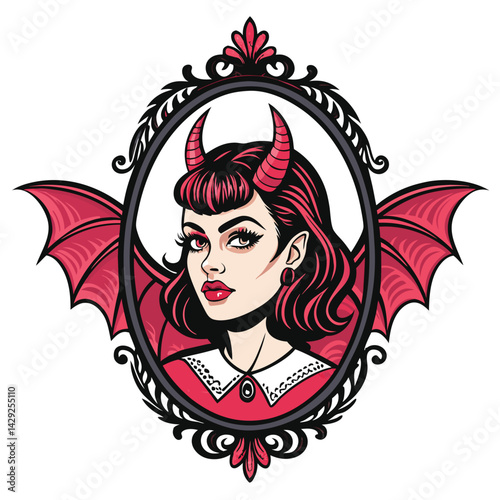 A gothic-styled female demon, horns, bat wings, reflected in a cracked antique mirror, dark fantasy art.