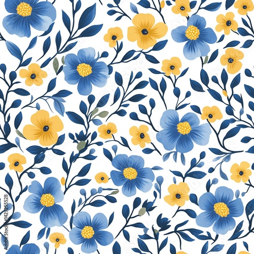 Wallpaper Mural Blue and Yellow Floral Seamless Pattern on White Background Torontodigital.ca