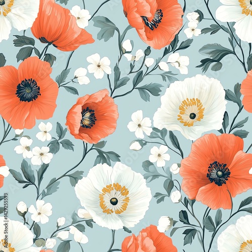 Coral and White Poppy Floral Seamless Pattern on Light Blue