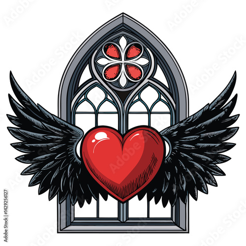 A gothic window frame encloses a floating heart, internally detailed with dark, feathered wings; ethereal and slightly unsettling.