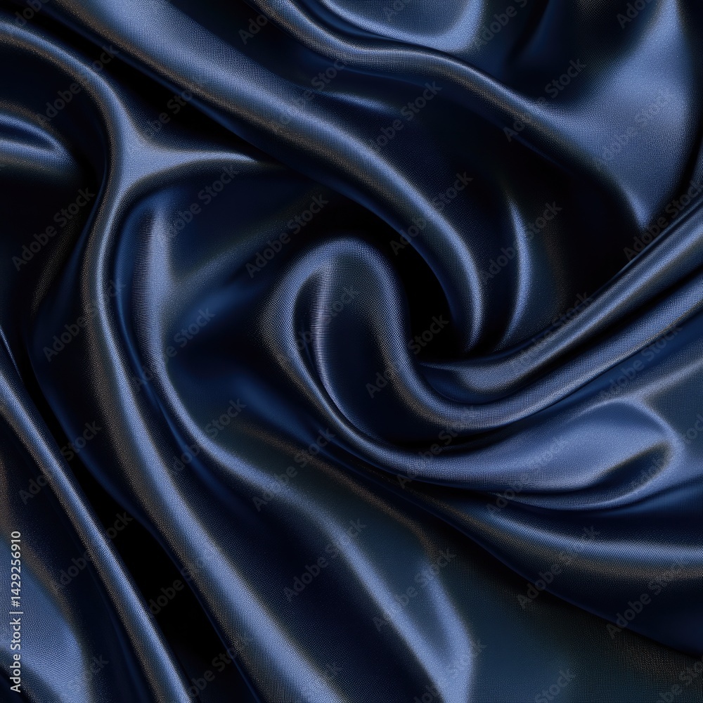 Fototapeta premium Elegant dark blue satin fabric draped smoothly with soft textures and gentle folds