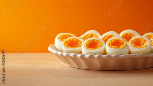 A Delightful Dish of Halved Hard-Boiled Eggs, artfully arranged in a creamy white bowl against a vibrant orange backdrop.