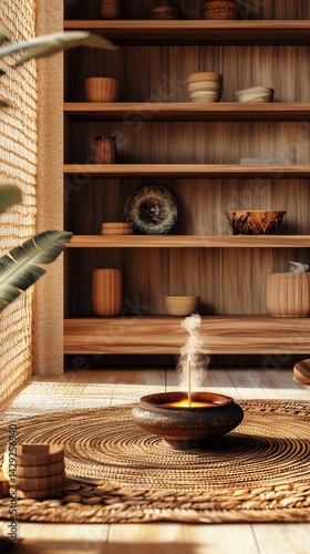 Calm space with aromatic bowl and wooden shelves.