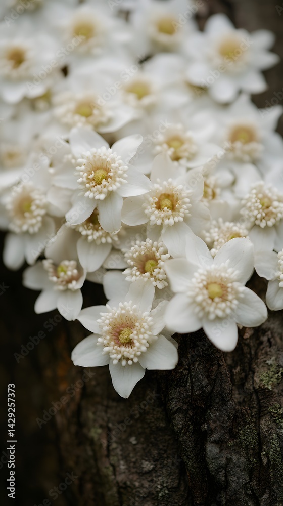 Fototapeta premium Close-up of Delicate White Flowers on Tree Bark