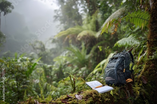 Backpack and Notebook in Lush Rainforest Setting Under Fog