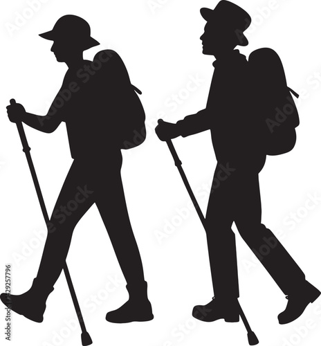 A simple, black and white silhouette illustration featuring two hikers with backpacks and walking sticks. 