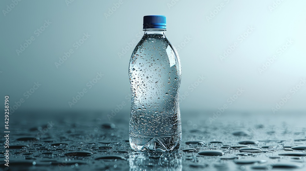 A sleek transparent plastic water bottle with a blue cap, displayed in a front view on a clear white background A sleek transparent plastic water bottle with a blue cap, displayed in a front view on a clear white background