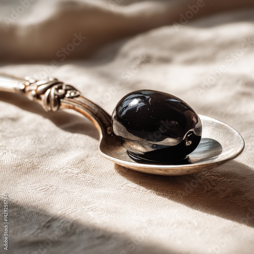 Black Olive on Vintage Silver Spoon with Soft Neutral Background