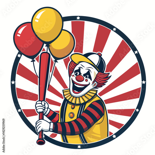 A jovial, grinning clown inside a circus tent, holding a bat and surrounded by colourful balloons.  Focus on joyful expression.