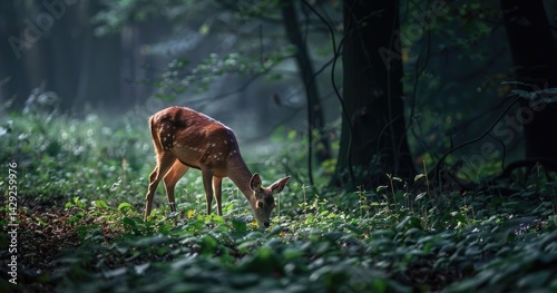 a nature photo of a roe deer eating small shoots in the forest, photo from the side and from a distance 