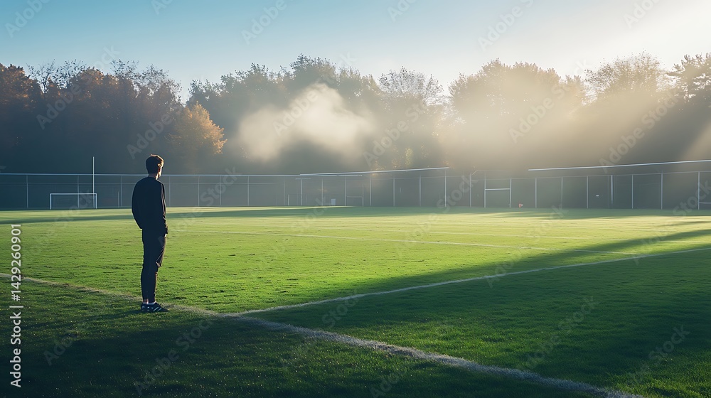 Obraz premium Tranquil morning scene on a soccer field with a solitary figure.