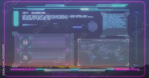 Futuristic neon HUD overlay glowing over sunset, scanning data and highlighting charts and bars photo