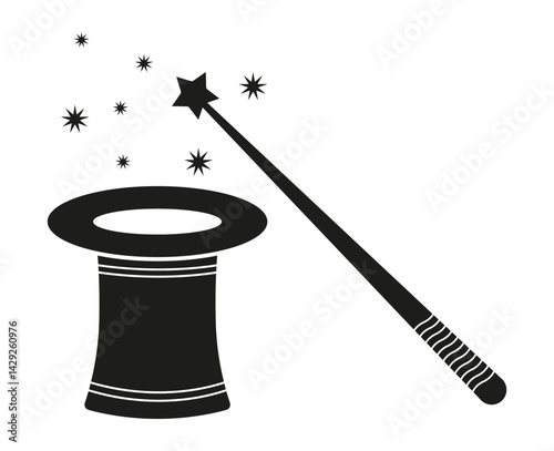 Magic hat with a magic hat. Magic stars. Tricks, tricks and illusions. Simple cartoon style. EPS 10 vector illustrations