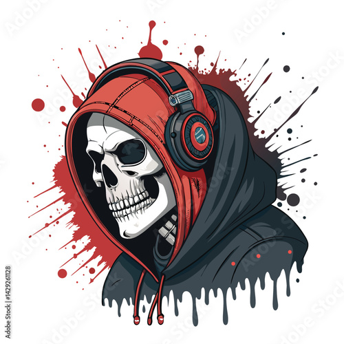A skull wearing a hoodie and large headphones, depicted in a state of intense emotional pain; dark, gritty style.