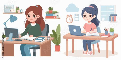 set vector girl is studying happily