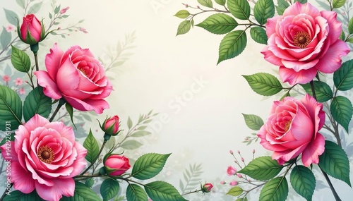 Intricate watercolor rose blooms, lush green leaves , summer, garden