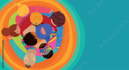 Diverse team united in a circle top view. Inclusion collaboration and cultural diversity
