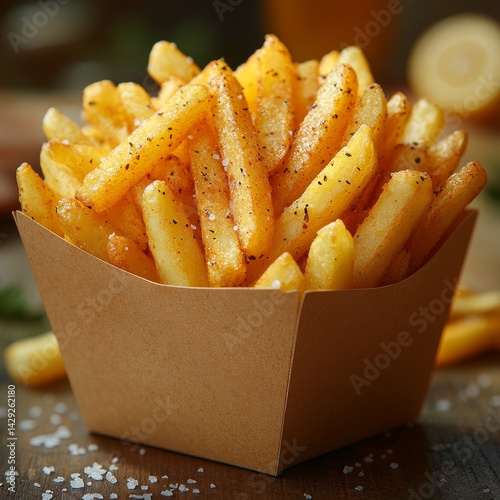 A Delicious Serving of Crispy French Fries Seasoned with Salt and Pepper in a Cardboard Container