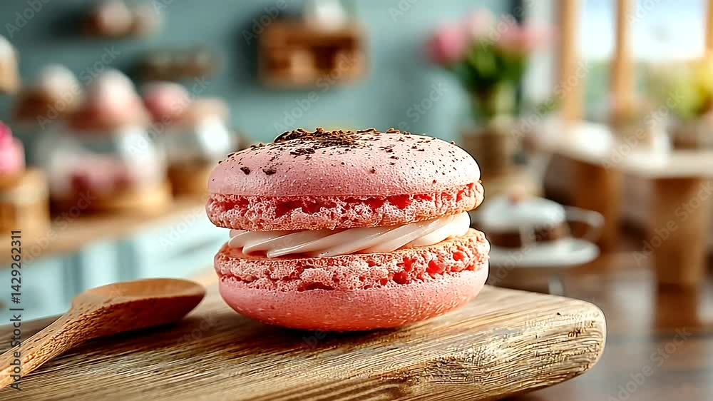 Delicious pink macaron on wooden board in bakery