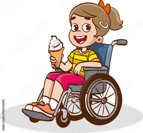 Vector illustration of cute kid in wheelchair eating ice cream.