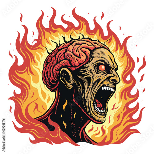 A grotesque, melting brain monster screams amidst swirling flames, its viscous form dripping onto a fiery, hellish background.  Detailed, high-resolution digital painting.