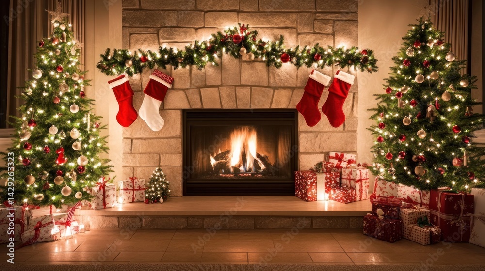 Festive Christmas Fireplace Scene With Decorated Trees and Gifts Festive Christmas Fireplace Scene With Decorated Trees and Gifts