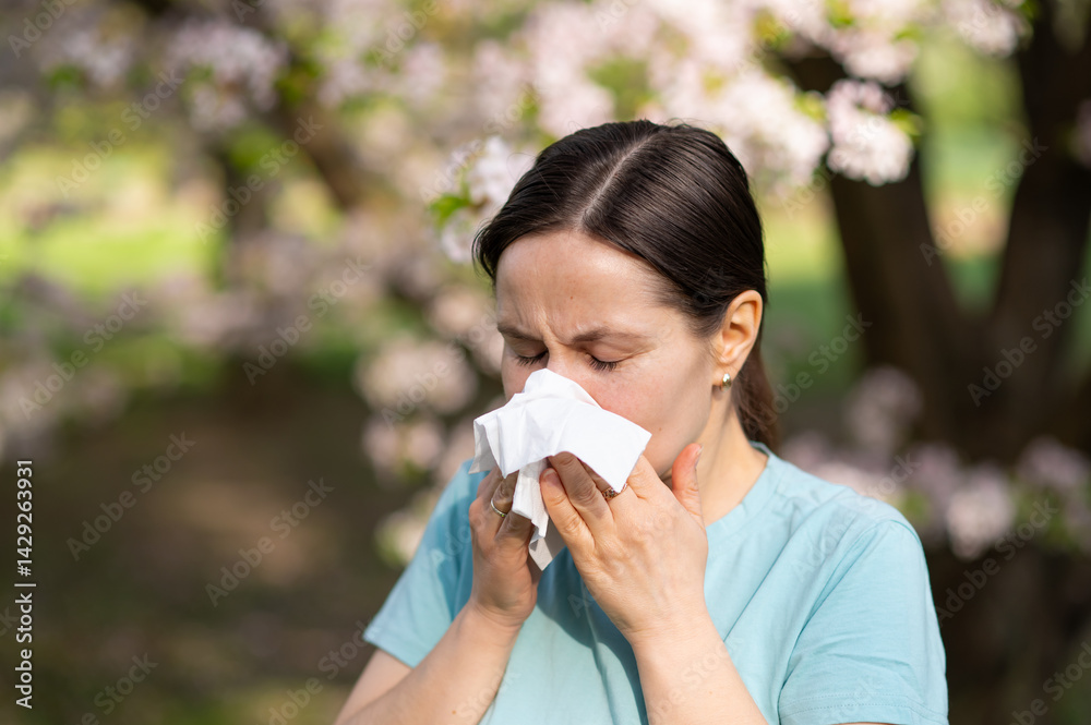 Woman sneezing into tissue in blooming garden, seasonal allergy symptoms during springtime Woman sneezing into tissue in blooming garden, seasonal allergy symptoms during springtime