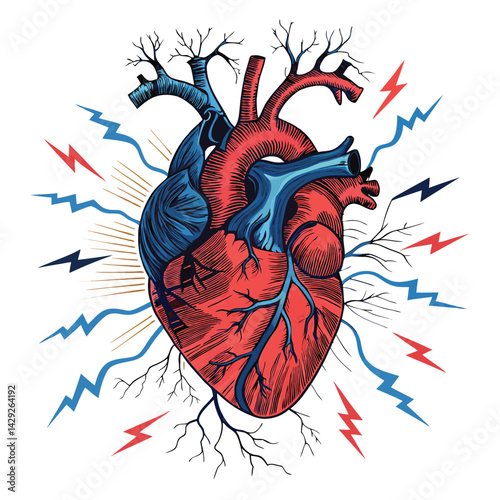A colossal, pulsating heart, ripped from a chest, erupts from a network of sparking, high-voltage electric cables, casting ominous shadows.