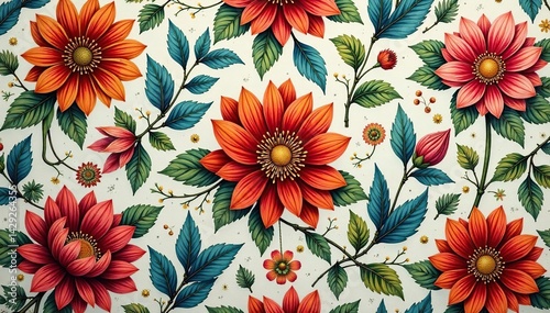 Intricate floral textile design, repeating motif, digital art, fabric, art