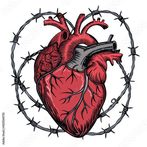 Render a grotesque, pulsating heart with sharp, jagged teeth, dripping viscous fluid; intensely detailed, dark fantasy art style.