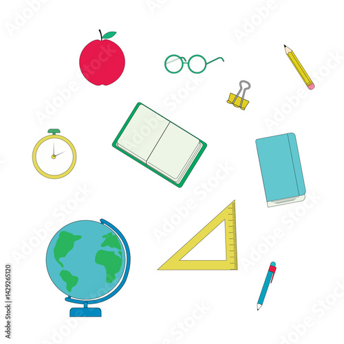 set of school supplies on white background, linear style