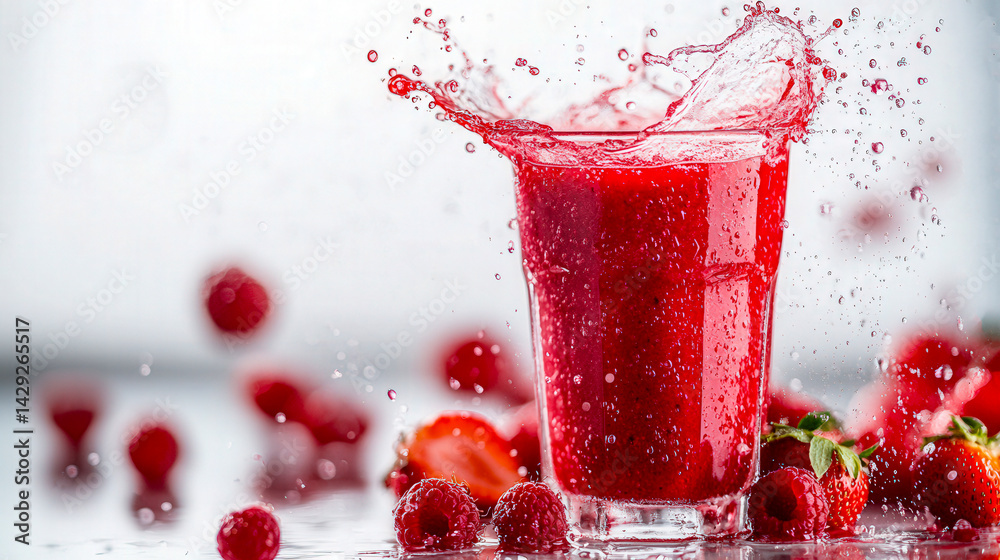 Red drink splashing in glass with berries around it Red drink splashing in glass with berries around it