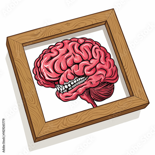 A surreal image of a large, fleshy brain with teeth, devouring a wooden picture frame.  Focus on texture and detail.