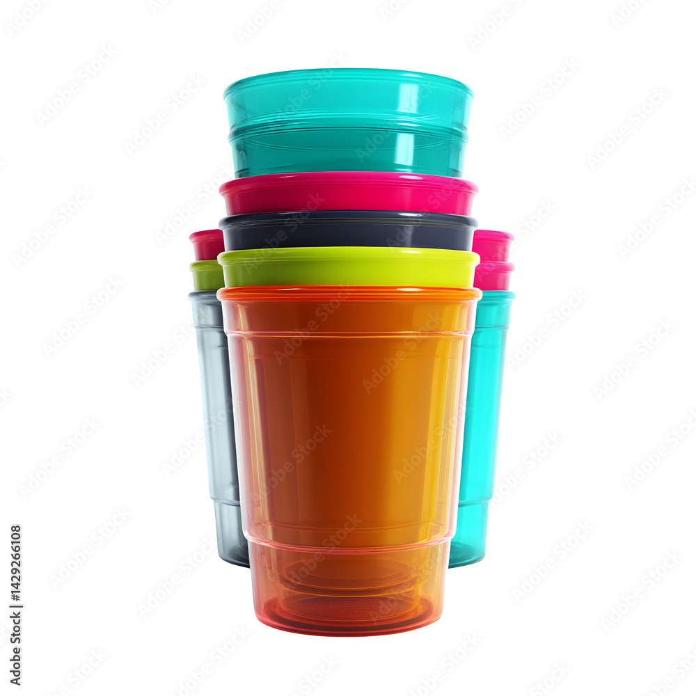 wide angle image of a set of stackable plastic tumblers with bright rims, isolated on white background, no shadows wide angle image of a set of stackable plastic tumblers with bright rims, isolated on white background, no shadows