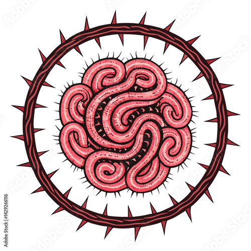 Render a detailed, bioluminescent mutant intestine, swirling vortex-like, resembling a portal.  Emphasis on intricate, otherworldly textures and vibrant colours.