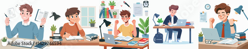 happy teenager vector set while studying