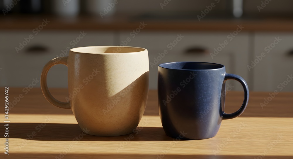 Large and small mugs on kitchen table in warm daylight Large and small mugs on kitchen table in warm daylight