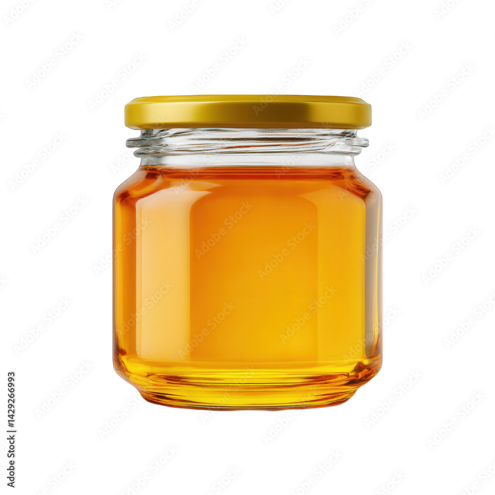 Honey jar with golden lid on isolated over png transparent background Honey jar with golden lid on isolated over png transparent background